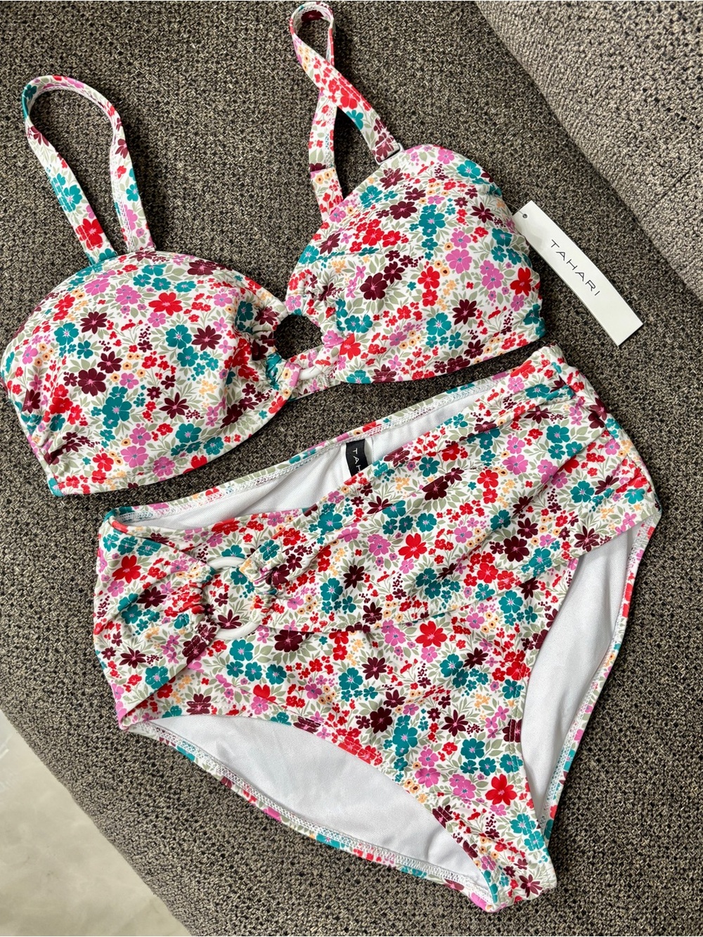 Tahari Multi Floral Women’s Two-Piece Swim Set in White, Pink, Red, Teal Size L